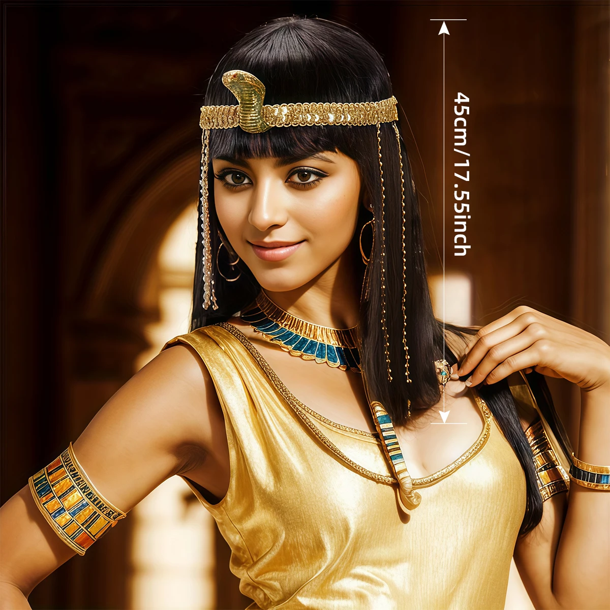 Anxin Brand Synthetic Fiber Wig: Ancient Egyptian Style with Bangs, Straight Medium-Length Hair Style, Paired with Snake-Shaped Decorative Headpiece Elements, Available in Pink/White/Gray/Black; Made of High-Quality Synthetic Fiber Material, the Hair Is Naturally Textured, Comfortable to Wear, Easy to Manage; a Fashionable Item Suitable for Adult Women to Cosplay as Ancient Egyptian Characters, for Themed Parties with Exotic Style, and for Historical and Cultural Event Styling