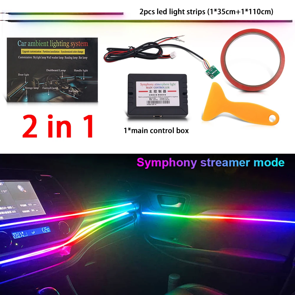 2 in 1 Full Color Streamer Car Ambient Lights RGB 64 Color Acrylic Strip Universal LED Interior Symphony Atmosphere Lamp By APP