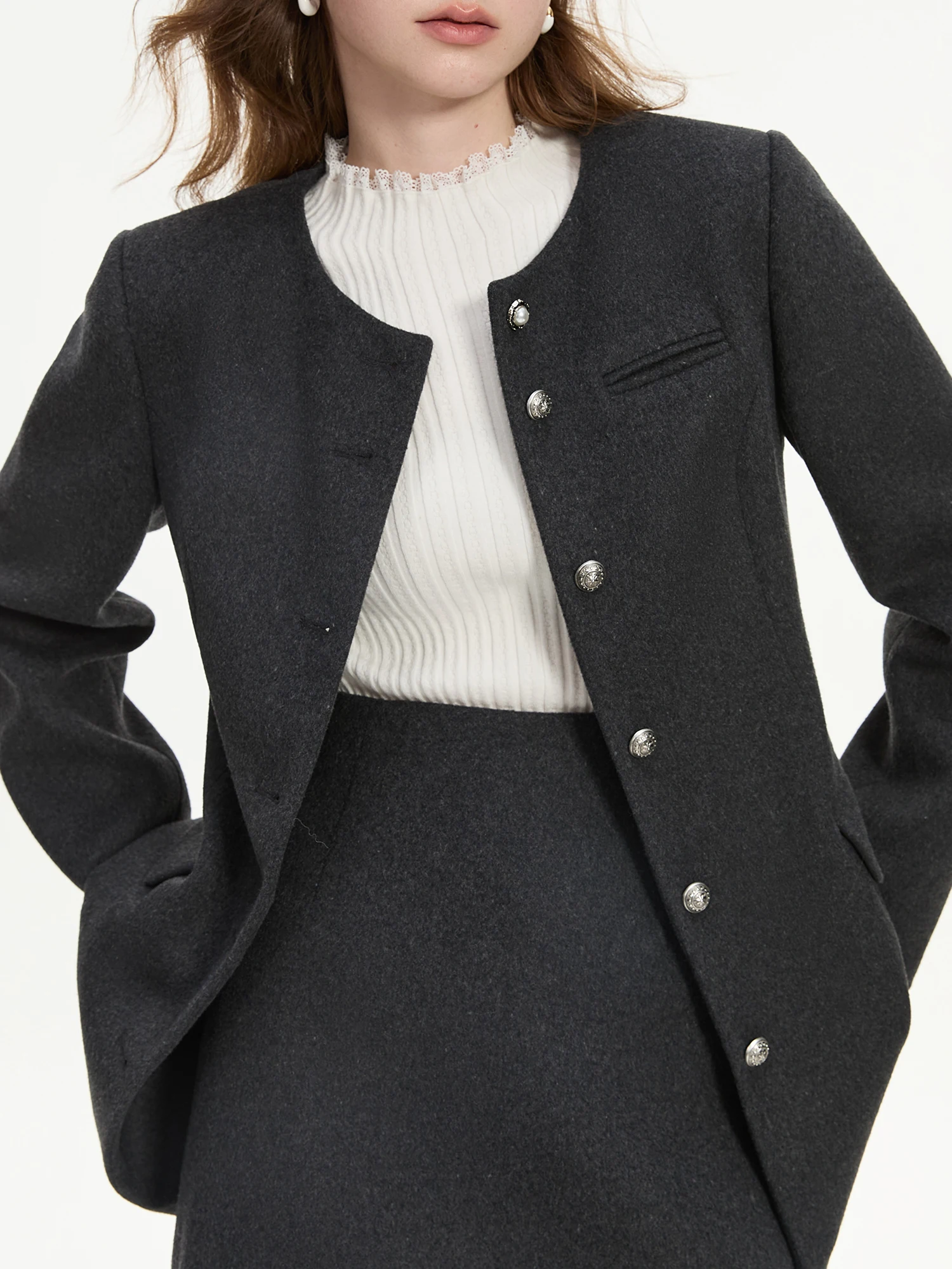 

FSLE 50.5% Wool Women Winter Sets Round Neck Thick Wool Coats High Waist Zipper Waist Female Grey Mini Skirt 24FS14526+24FS14527