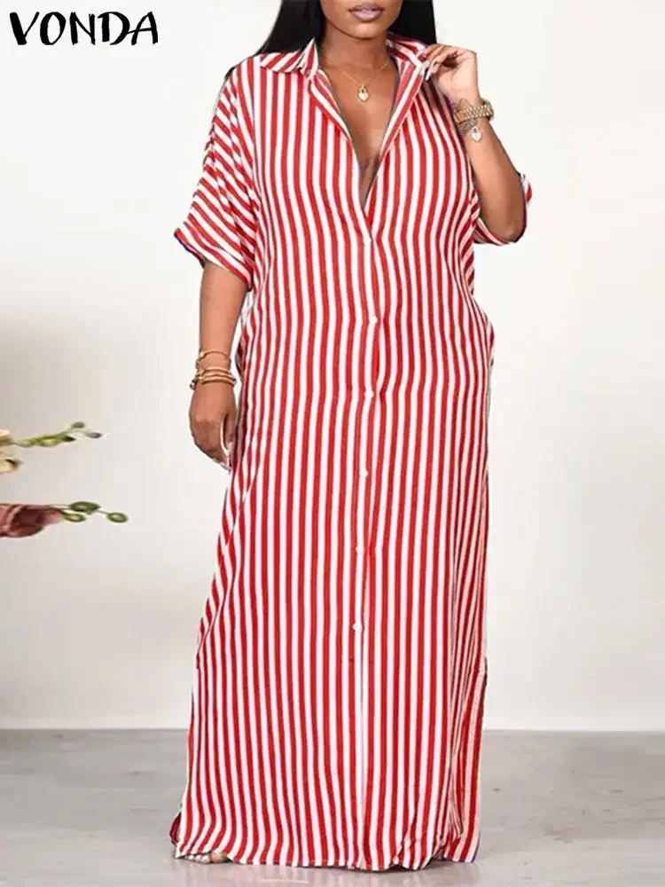 

Women Printed Shirt Dress 2024 VONDA Fashion Half Sleeve Striped Sundress Elegant Party Maxi Dress Casual Loose Robe Vestidos