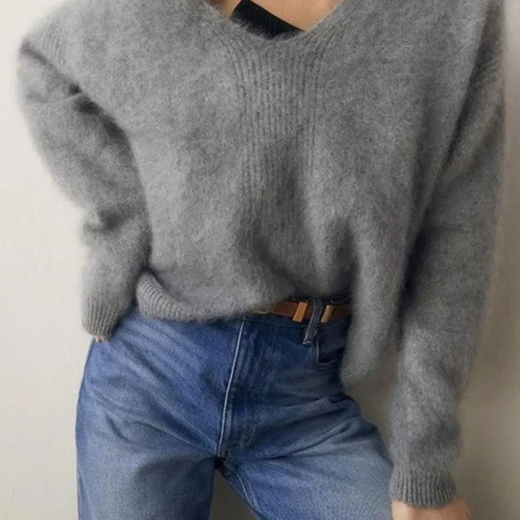 Weicher, wachsartiger Damen-Strickpullover mit V-Ausschnitt und langen Ärmeln, lockere Passform, modisches Oberteil, reine Farbe, Herbst-Winter, fauler Stil