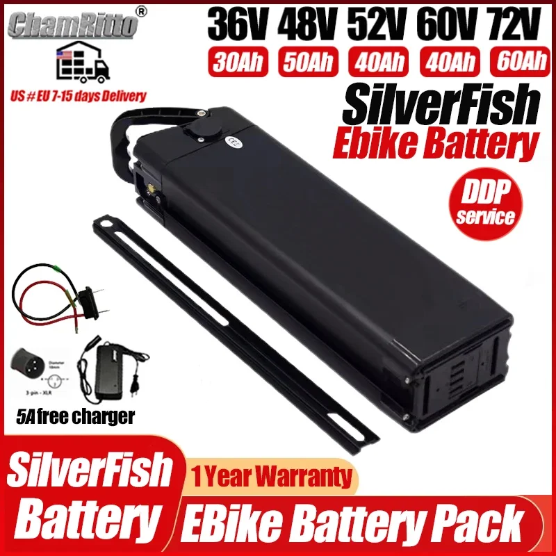 

36 В 48 В 52 В eBike SilverFish Батарея 20 24 Ач 30 40 Ач 50 60 Ач Аккумулятор Электрический велосипед 60 В 72 В 1000 Вт 2000 Вт 3000 Вт Литиевая батарея