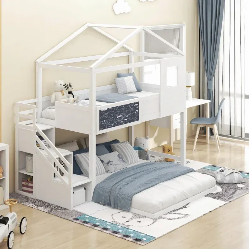 

White Twin over Full House Bunk Bed with Storage Staircase and Blackboard