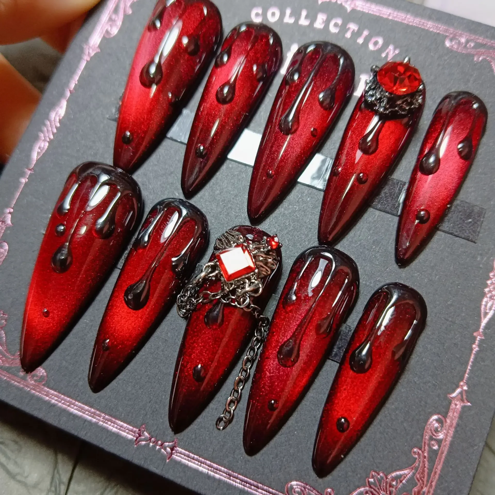 Dark Blood Red Spice Girls Press On Nails Handmade Red Cat Eye Blood Drops Vampire Red Diamonds Fake Nail Patches