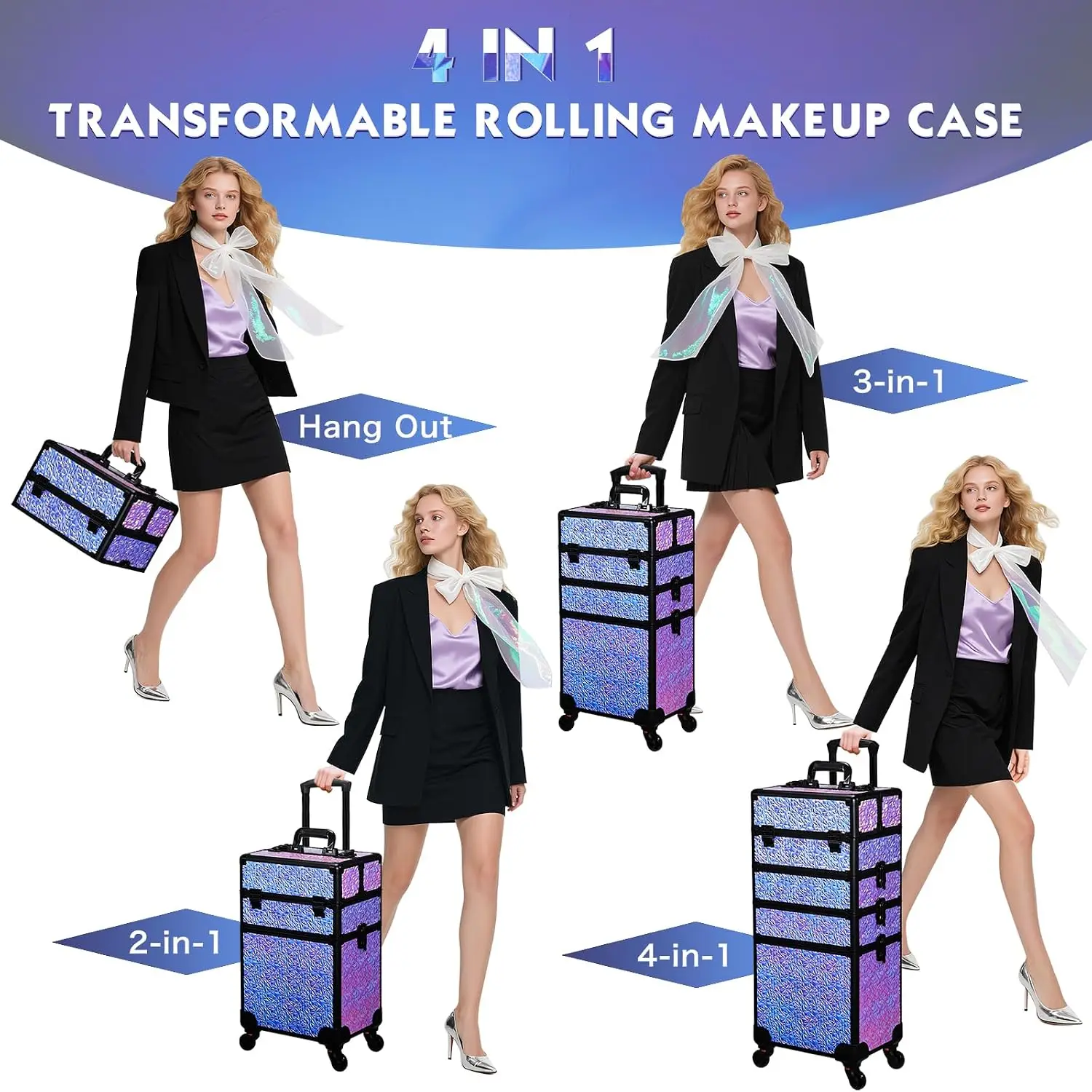 Rolling Makeup Train Case, Large Cosmetology Storage Cart With Drawers, Travel Nail Salon Beauty Organizer Trolley On Wheels, Mobile Hairstylist Vanity Box, Shiny Purple, Set Of One view 3