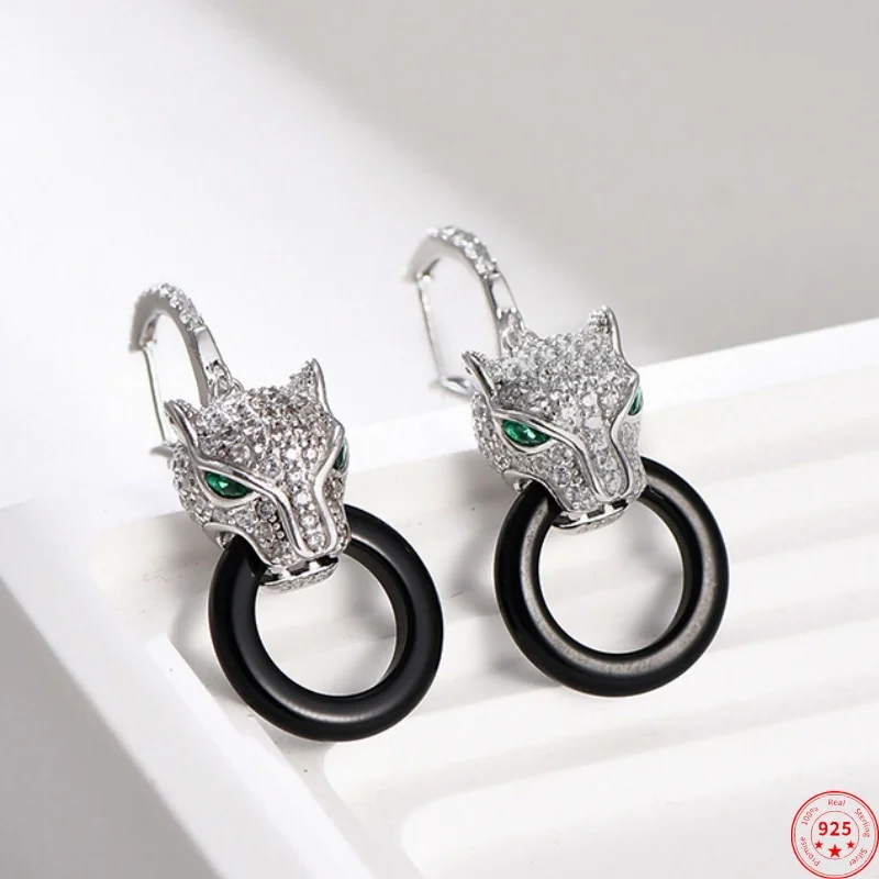 Pendientes colgantes de plata de ley S925 para mujer, joyería con Micro incrustaciones de circonita, ágata de guepardo, Círculo de oreja, nueva moda