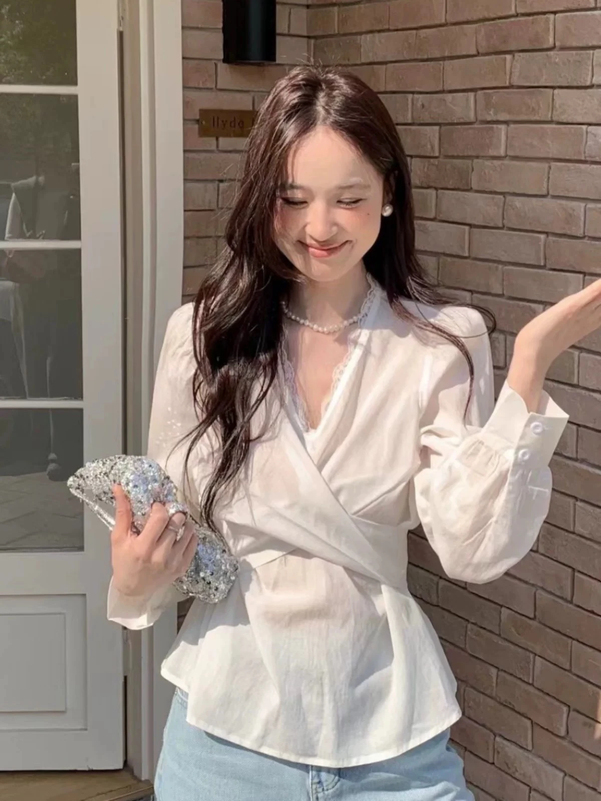 

Slim Fit V-Ne Lace Patchwork irt Women's Faion Spring New Korean Sle Tied Waistline Long Sve Office Wear