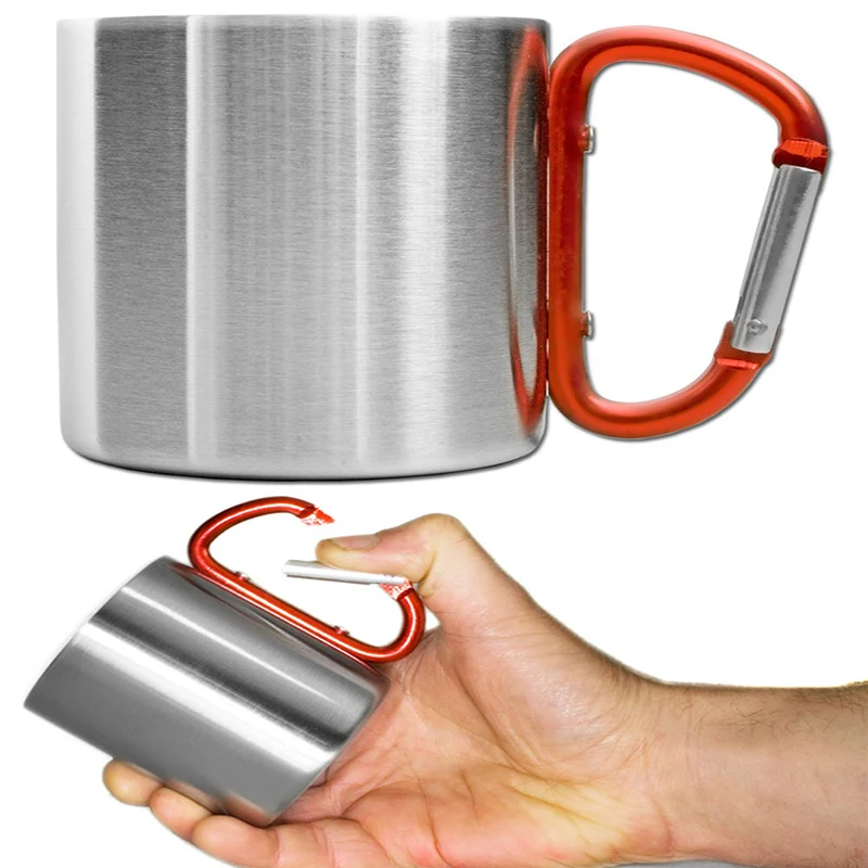 Taza de acampada al aire libre compacta y ligera de 200 ML con mango de mosquetón de tornillo de acero inoxidable para el trabajo de senderismo y Trekking