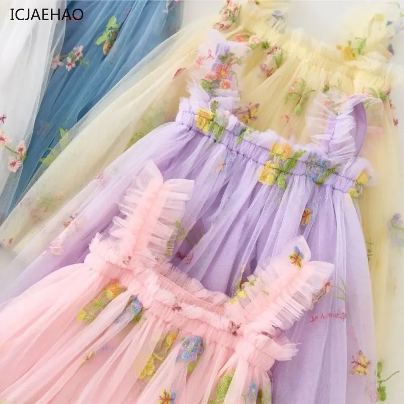 Vestido de alça sem mangas para meninas, roupas de festa de princesa, bordado de flores, infantil, criança, fantasia infantil, aniversário, 2025