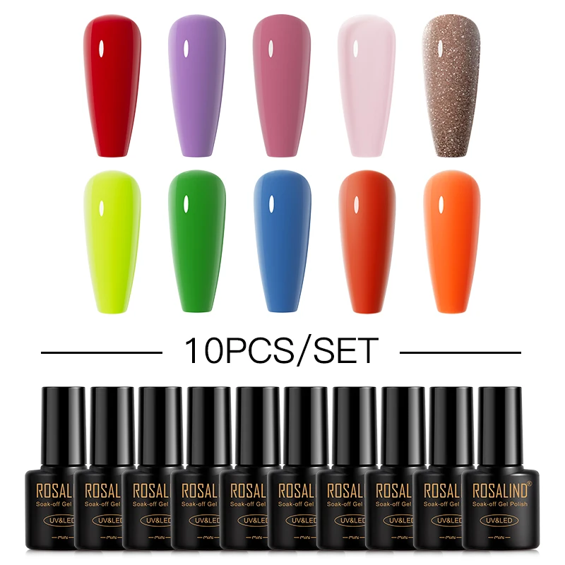 

ROSALIND 10 PCS Glitter Gel Nail Polish Gel Semi Permanent Solid Nail Gel Varnish Soak Off UV Gel Nail Art Gel Lacquer Set