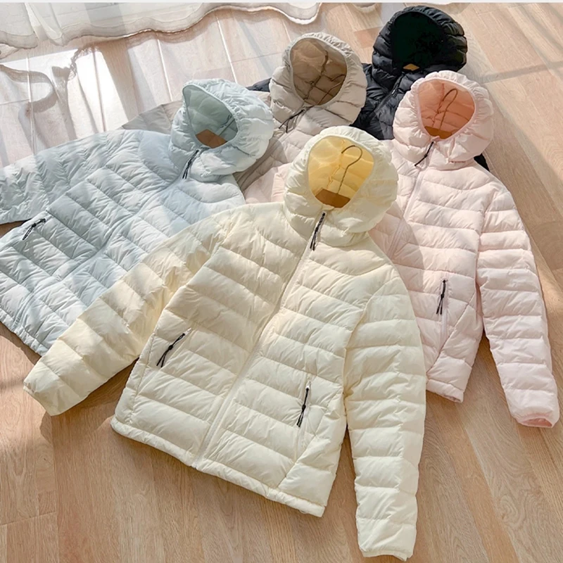 

Winter Chic Hooded Lightweight Down Jacket Women White Duck Down Solid Down Jacket Female Drawstring Zipper Warm Parker Outwears