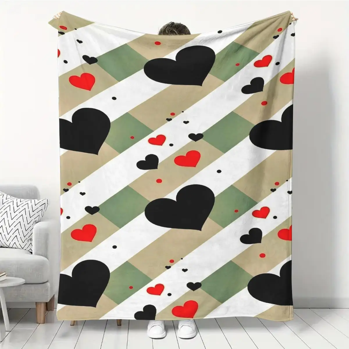 1pc Black and red heart-patterned blanket, polyester fabric, machine washable, suitable for bedroom and living room décor.