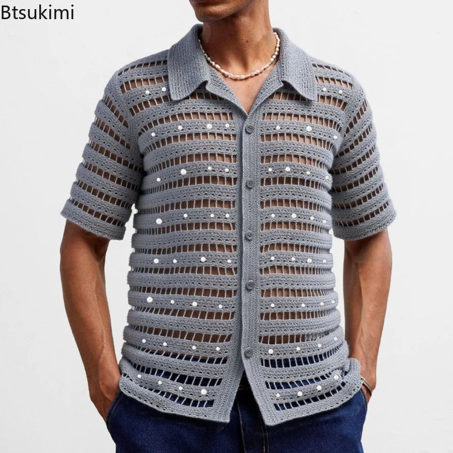 New Summer Men's Knitted Hollow Out Polo Shirts Retro Fashion Short Sleeve Cardigan Tops Ethnic Premium Crochet Knitting Shirts