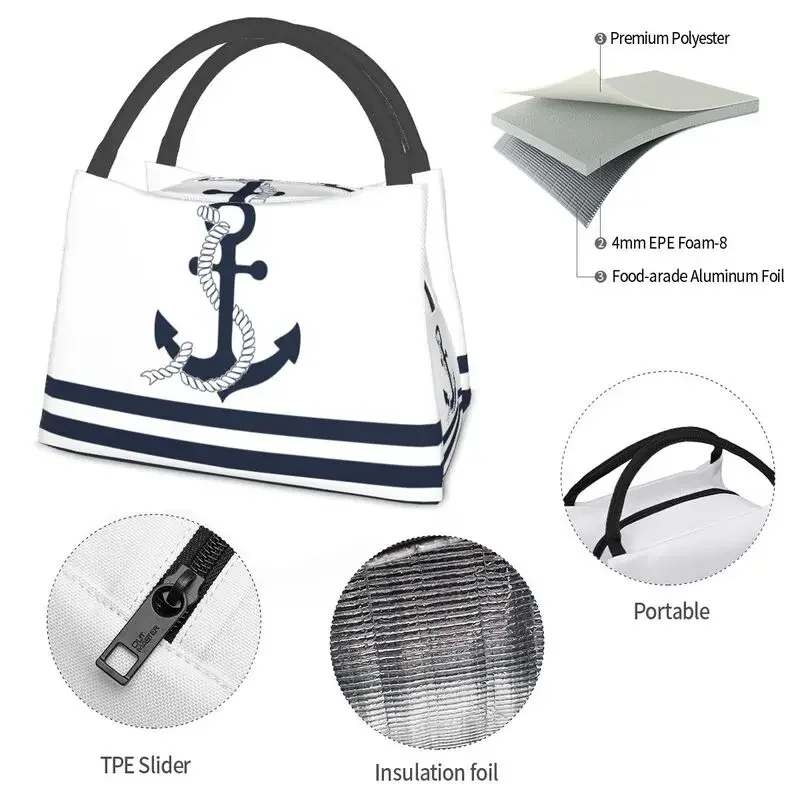 Nautical Blue Anchors With Blue And White Stripes Lunch Tote Bag for Women Sailing Sailor Portable Cooler Thermal Food Lunch Box