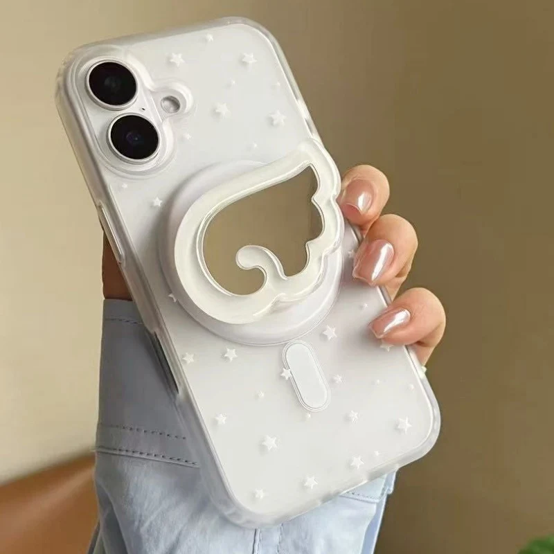 

Cute Mirror Half Wing Bracket Phone Cover For iPhone 16ProMax 15Pro 14 Magnetic Mobile Cases for iphone 13 12 11