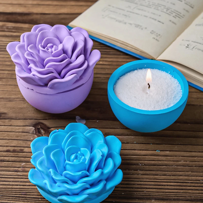 

3d Rose Flower Candle Jar Silicone Mold With Lid Peony Jewelry Storage Box Plaster Resin Casting Molds Diy Crafts, Soap Making