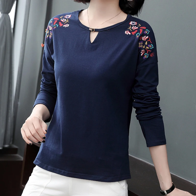 

Long Sleeve Tees Embroidery O Neck Women T Shirt 2022 Spring Womens Tops Cotton Tshirt For Ladies Korean Fashion Woman Clothes