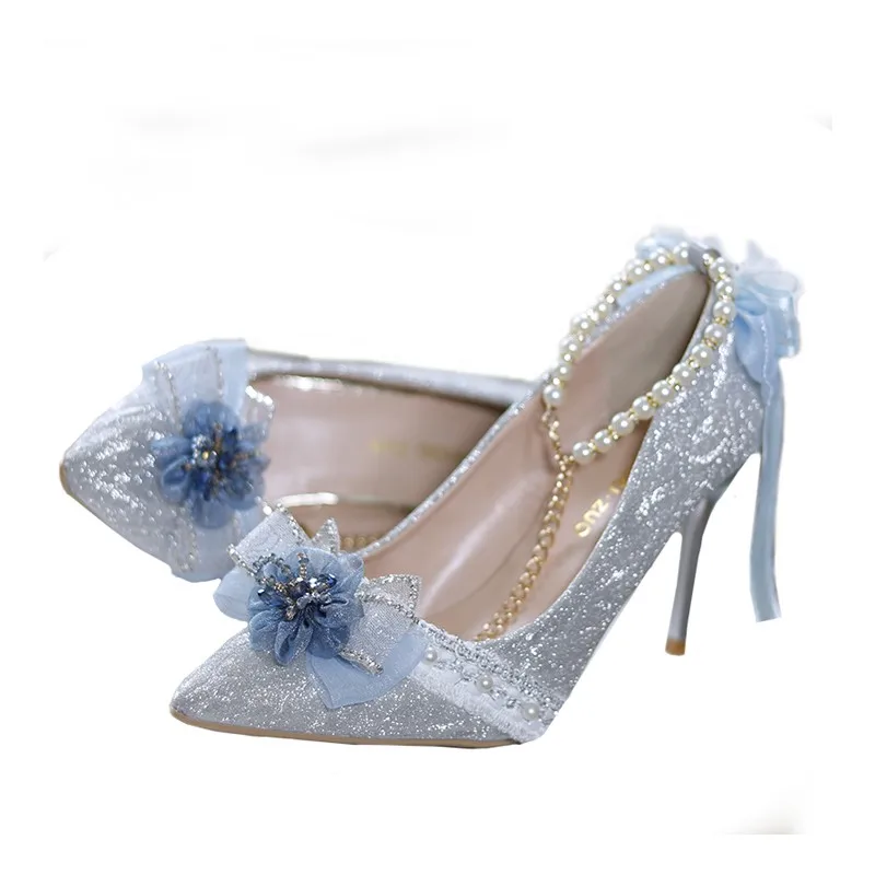 Kawaii Romantic Lolita Shoes Pointed Toe High Heels 8cm Vintage Feminine Flower Wedding Women Sandals