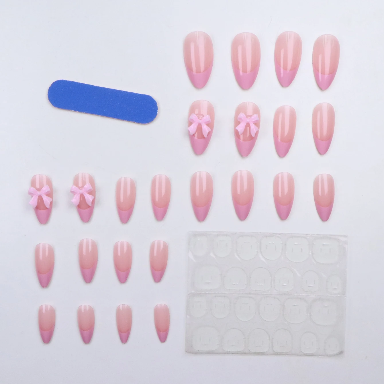 24 pezzi Aggiorna istantaneamente il tuo look con il set di unghie finte con design a fiocco francese rosa 1 lima per unghie e 1 kit di adesivi per colla per unghie