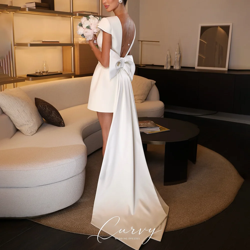 Curvy Minimal Short Wedding Dresses Customized for Women Boat Neck Short Sleeve Open Back Big Bow for Civil Courthouse Wedding