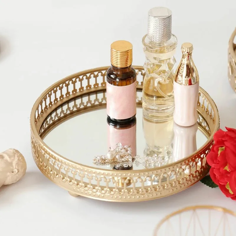 Golden Color Delicate Jewelry Storage Tray Glass Mirror Base Bedroom Desktop Perfume Box Cosmetic Decorative 1Pc