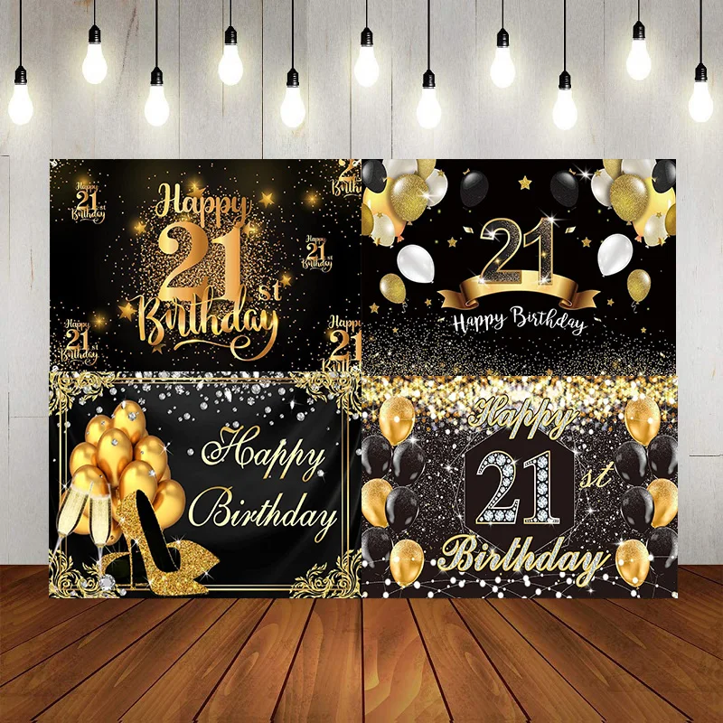 Black Gold 21st Happy Birthday Party Photography Backdrop Decorations Background Banner Balloon Princess Prince Photo