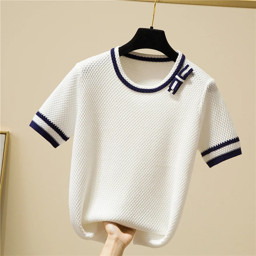 Knitted T Shirt Women Bow Patchwork Short Sleeve T-Shirt Korean Fashion Womens Clothing 2022 Summer Tops Thin Tee Shirt Femme