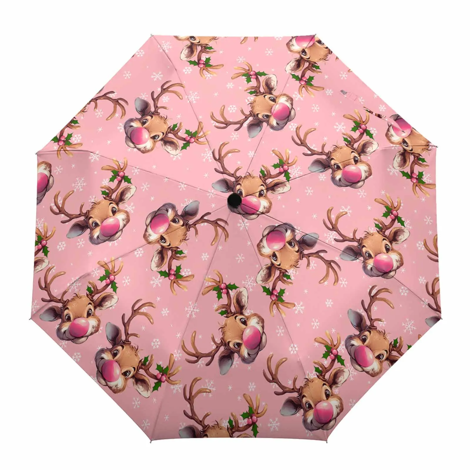 Pink Nosed Reindeer Texture Pink Flower Automatic Umbrella for Rain Foldable Parasol Umbrella Eight strand Outdoor Umbrellas