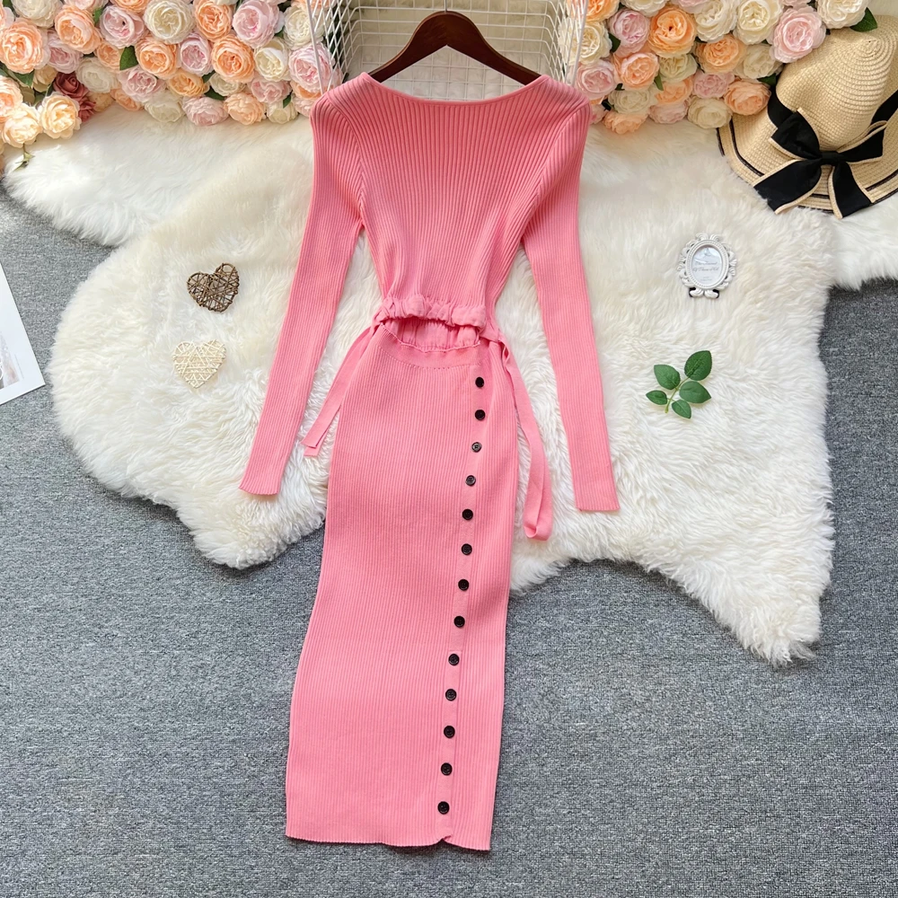 YuooMuoo – robe une pièce Chic, mode, ventre nu, boutons Y2K, Sexy, paquet de hanches, tricotée, robe de soirée pour dames, automne 2025