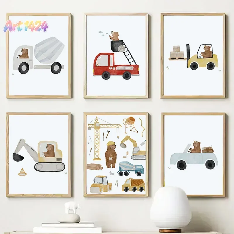 Nursery Wall Art Children's Prints Cartoon Bear Forklift Excavator Car Mud Truck Poster For Kids Room Baby Decor Canvas Painting