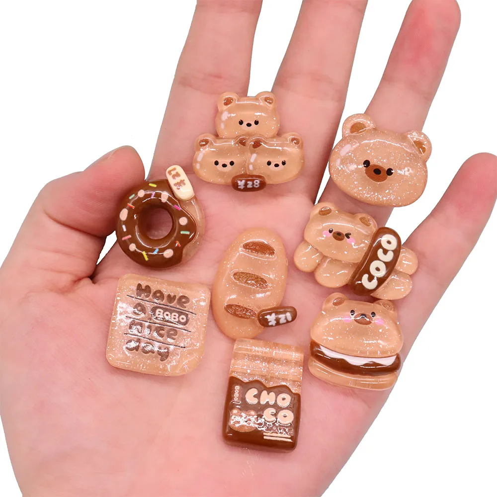 8Pcs Hamburger Bread Bear Resin Have a Nice Day Shoes Charms Lovely Slipper Buckle Decorations Fit Kids Wristband