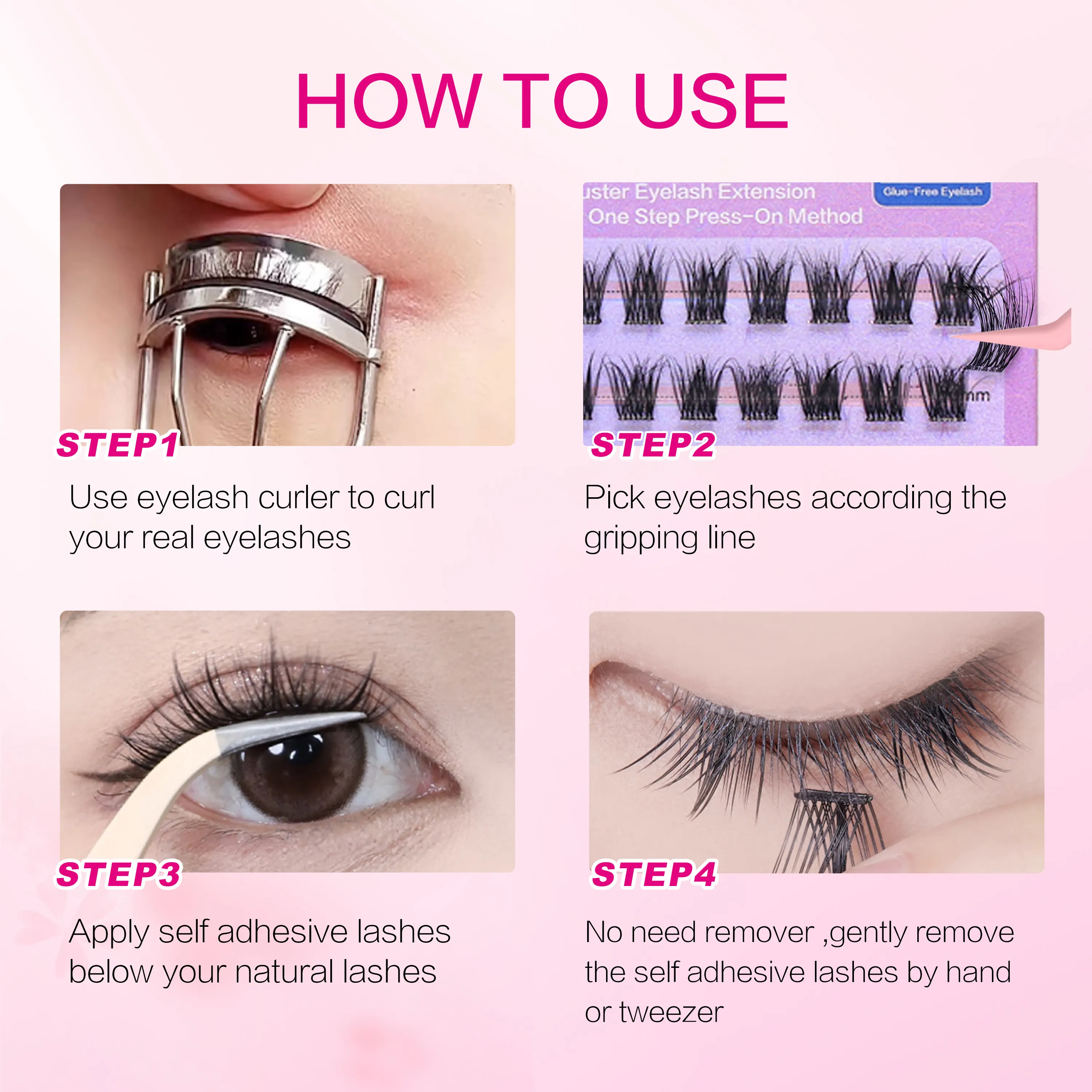 [Self Adhesive Eyelashes] 120pcs FindLove Glue Free Lash Reusable Fluffy Natural Press-on Eyelash Extension Set with Tweezer ﻿