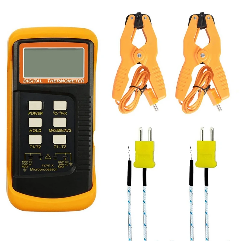 

Digital K Type Thermocouple Thermometer(-50-1300°C) Dual Channel 2 Thermometer Pipe Clamp And 2 Sensor Probes