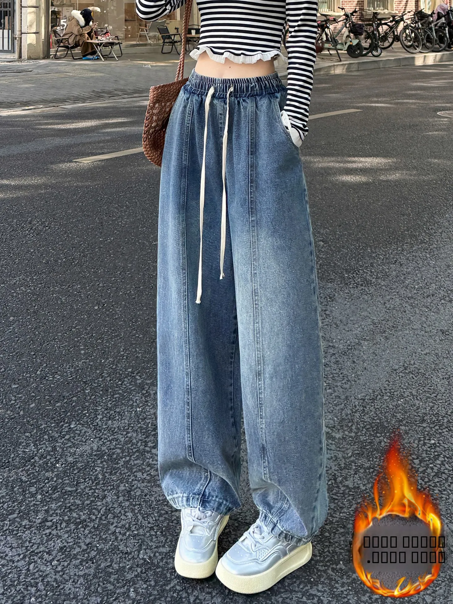 بنطلون جينز نسائي من ثينيد فيس بخصر عالٍ وأرجل واسعة، خصر مطاطي، لون أزرق عتيق، تصميم فضفاض، إصدار جديد لخريف وشتاء