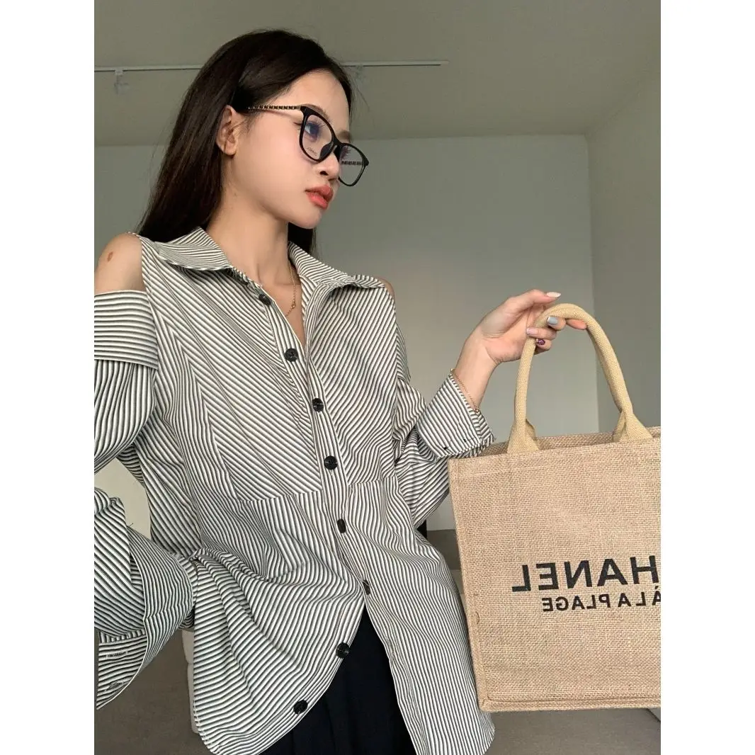 Kimotimo 2026 Fashion Women Striped Sun Protection Long Sleeve Shirt Off Shoulder Unique Design Summer Fashion Top