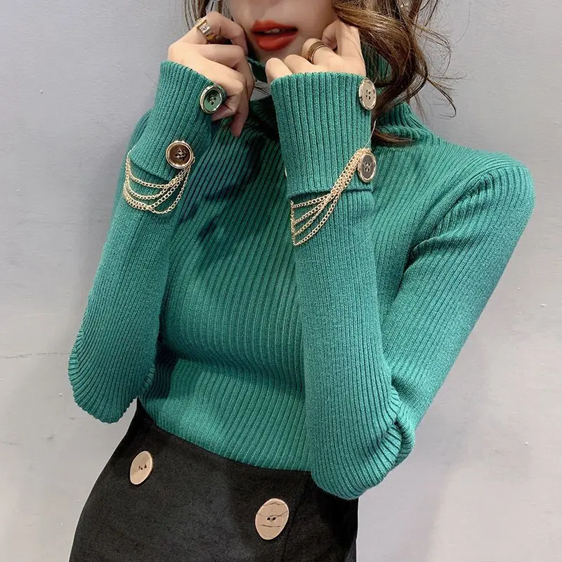 Slim Undercoat Korean Sweaters Fashion Solid Temperament Streetwear Patchwork Buttons Long Sleeve Pullovers Women's Clothing