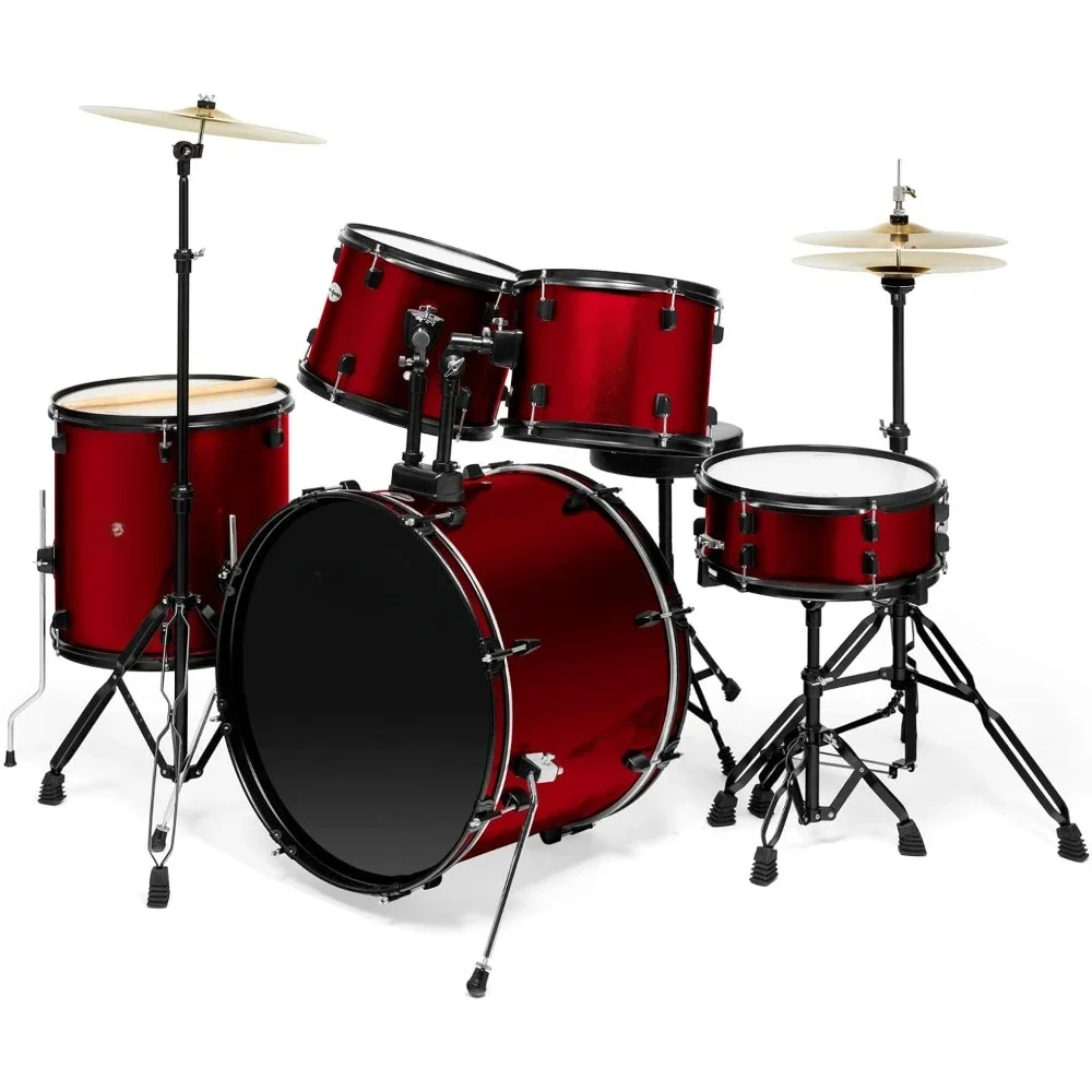 5-Piece Complete Full Size Adult Drum Set With Remo Batter Heads - Red Music Instruments Percussion Musical Sports Entertainment