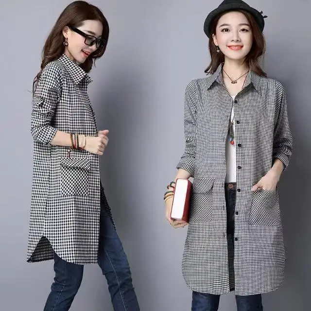 

Spring Autumn Large Size Women's Cotton Linen Plaid irt Mid-Length Long Sve Mom's Wardrobe Anti-Aging Korean Sle ...