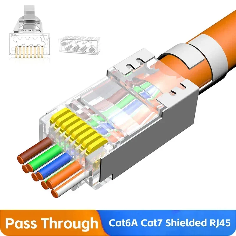 

10PCs Cat6A Cat7 Pass Through Shielded RJ45 connectors 8P8C Gold Plated Modular Cat 7 Fast Transmition Data Plug Crystal Head