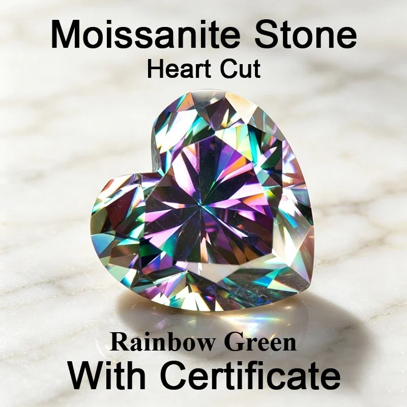 Moissanite Stone Heart Cut Rainbow Green Charms Gemstone for DIY Jewelry Making Materials Pass Diamond Tester with Certificate