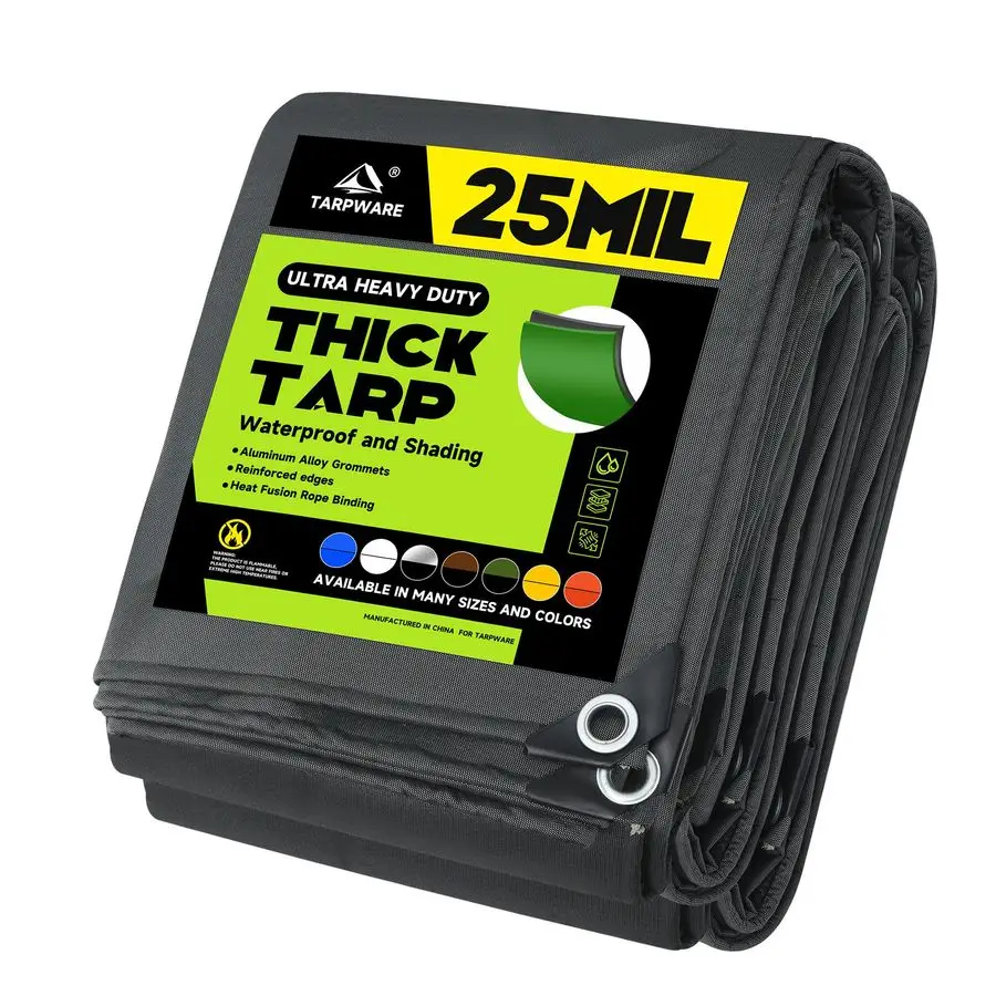 

25Mil UltraHeavy Duty Waterproof Organic Silicone Coating Black Canvas Tarps with GrommetsampReinforced Edges, UV Resistant Dura