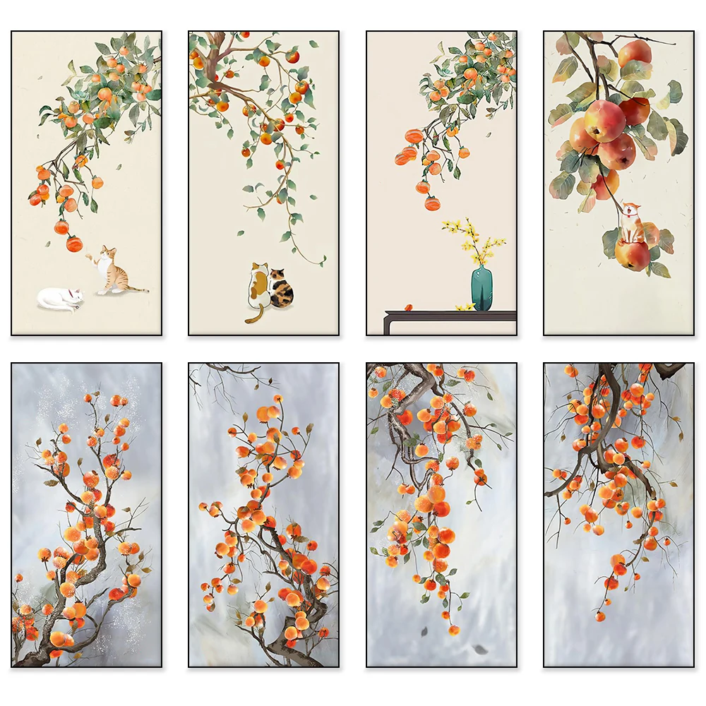 

Chinese Pastoral Style Poster Cat Persimmon Home Wall Art Hanging Canvas Prints Pictures Bedroom Living Room Decoration Murals