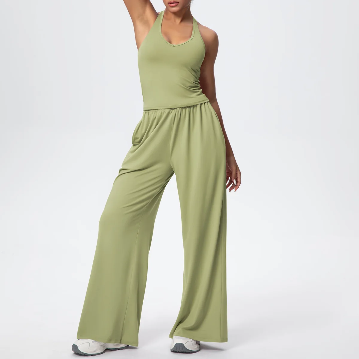 2PCS/set Solid Color Slim Casual Quick-Dry Woman Yoga Set Beautiful Back I-shaped Vest Loose Wide Leg Pants Gym Sports Yoga Suit