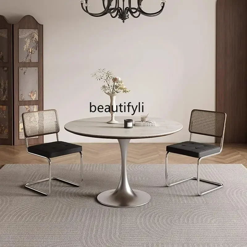 

CC Round rock slab dining table French medieval household small apartment modern simple and minimalist travertine small round ta