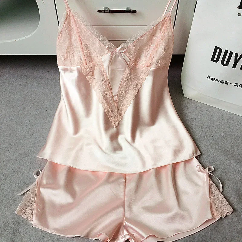 

Women Nightwear Sexy Lingerie Cami and Shorts Silk Lace Spaghetti Strap satin cami sets Plus Size Nightgowns ladies Sleepwear