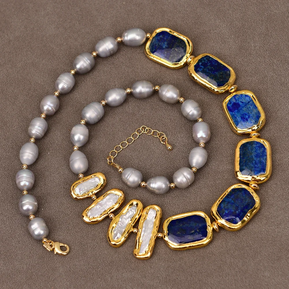 

Natural Grey Rice Pearl White Pearl 24k Gold Edge Plated Blue Necklace For Lady