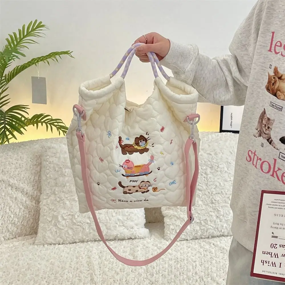 Fashion Cream Color Tote Bag Puppy Korean Style Handbag Embroidery Large Capacity Travel Bag