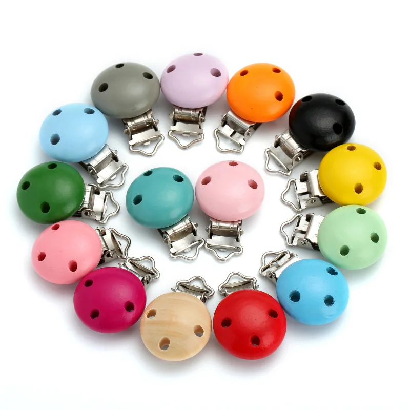 

1Pc Colorful Baby Pacifier Clip Round Wood Teether Clip For Teething Nipple Chain DIY Baby Dummy Chain Clip Accessory