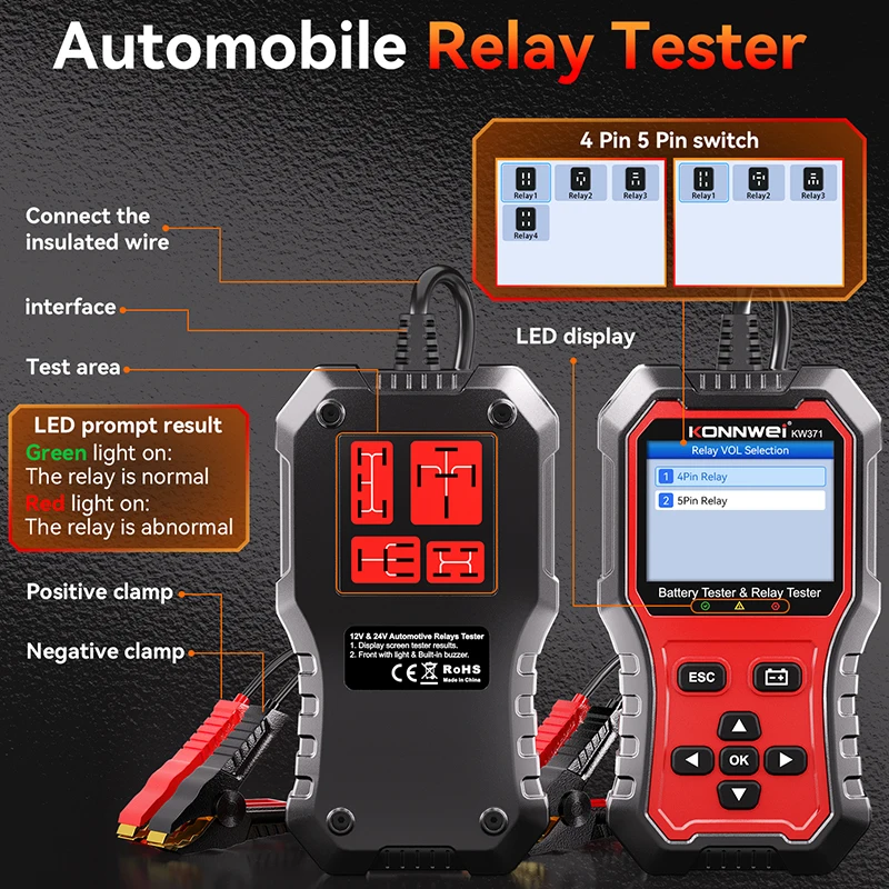 KONNWEI KW371 Car Battery Tester &Relay Tester 6V/12V/24V 4/5Pin 2in1 Fault Data Test Charging Scan Tools