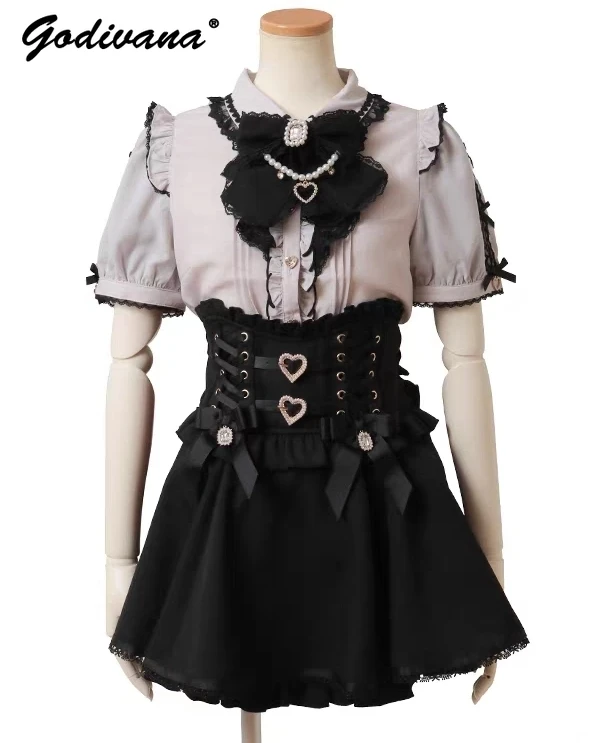 

Japanese Liz Lolita Shirt and Straps Skirt 2 Piece Set Summer Sweet Girl Womens Short Sleeve Bow Top Blouse Slim Suspender Skirt